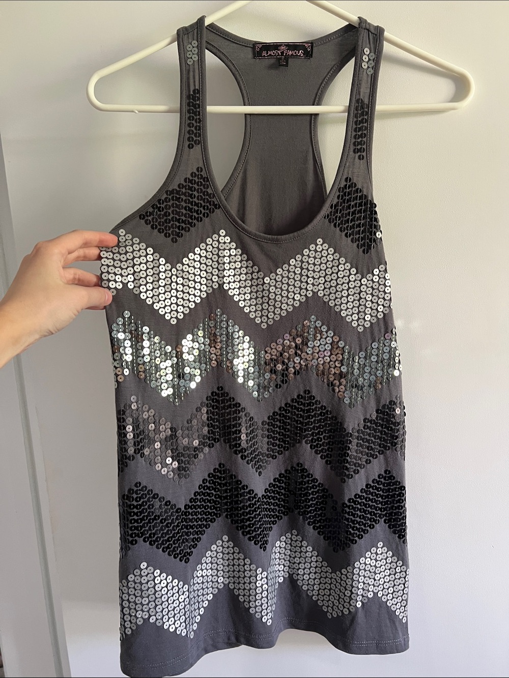 Almost Famous Gray Sequin Chevron Racerback Tank